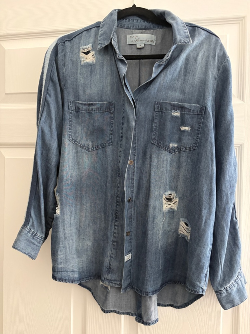 Vintage Light Blue Distressed Denim Button-Down Shirt